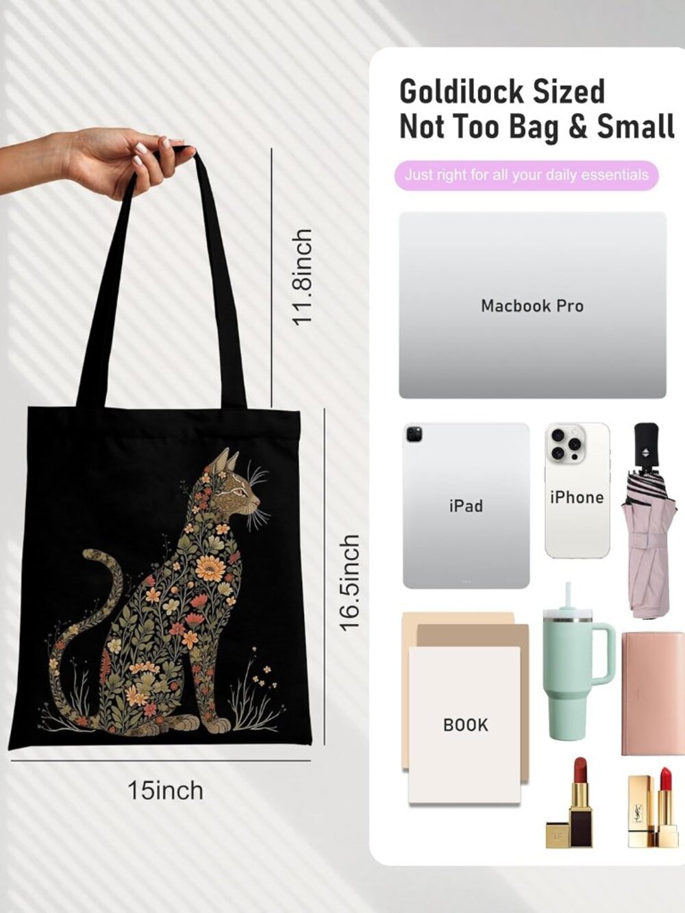 Canvas Tote Bag Double-Sided Prints with Snap Closure, Cute Tote Bag with Pocket - Picture 6 of 8